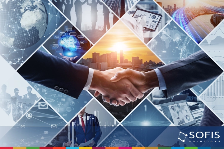 La imagen muestra un collage empresarial y tecnológico con un apretón de manos en el centro, simbolizando alianzas estratégicas, innovación y transformación digital.